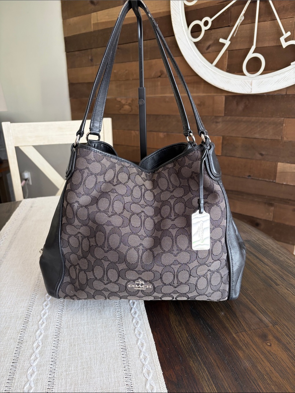 Coach Edie 31 Brown Signature Jacquard Shoulder Bag with Black Leather Trim
